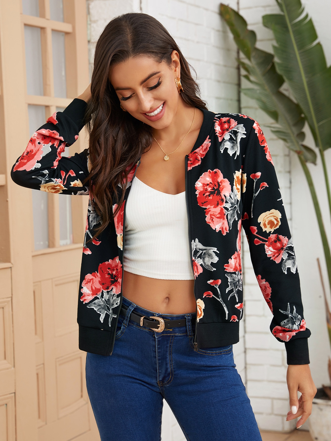 BEAUTEINE Women Floral Print Jackets Lightweight Hooded Zip Up Short Bomber Jacket Coat BEAUTEINE Women Floral Print Jackets Lightweight Hooded Zip Up Short Bomber Jacket Coat