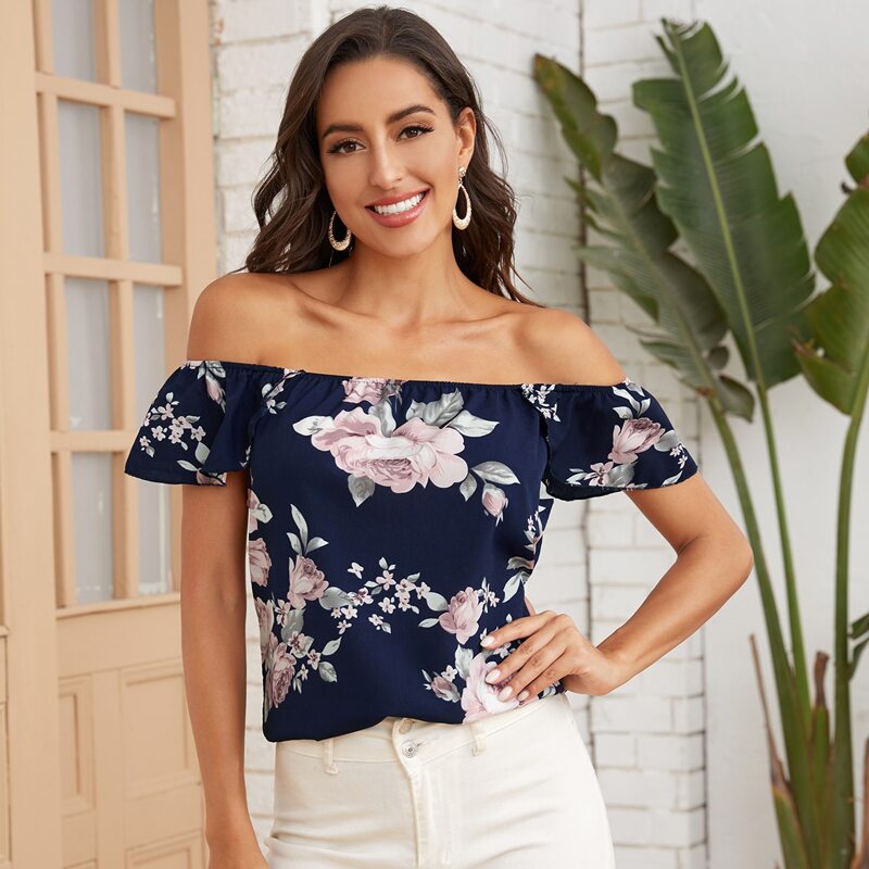 

Floral Print Off-the-Shoulder Ruffled Top, Navy blue