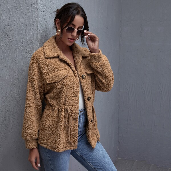 

Flap Detail Drawstring Waist Teddy Coat, Camel