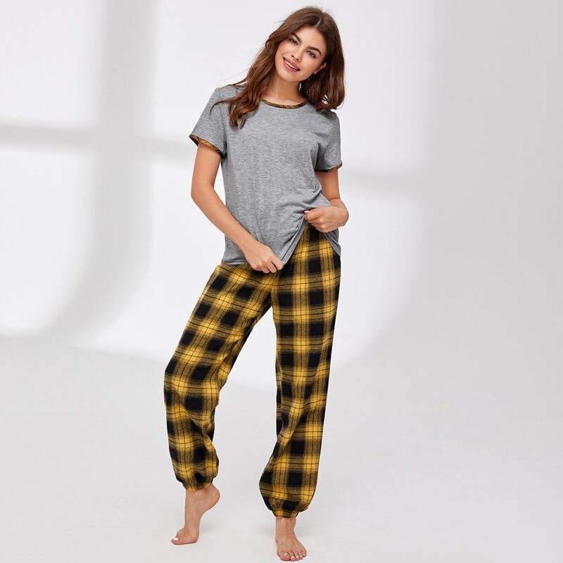 

Contrast Binding Tee & Plaid Pants PJ Set, Multicolor