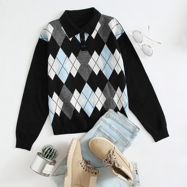 

Argyle Pattern Button Front Sweater, Black