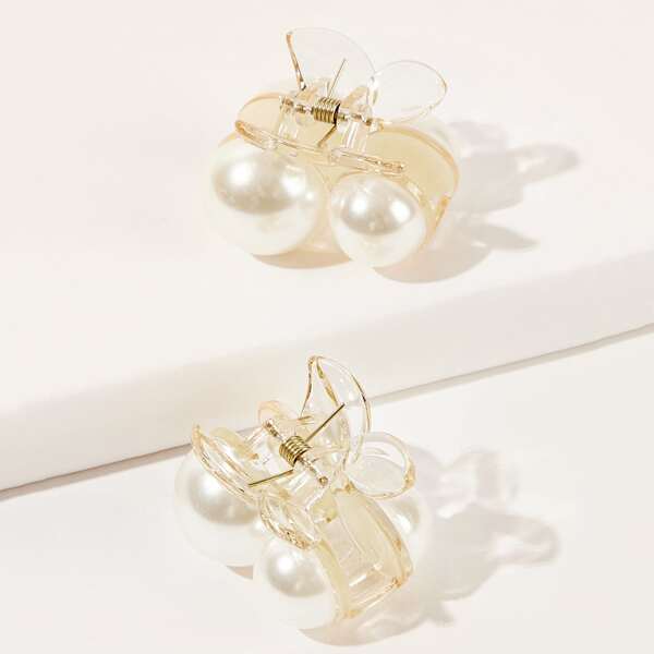 

2pcs Faux Pearl Decor Hair Claw, White