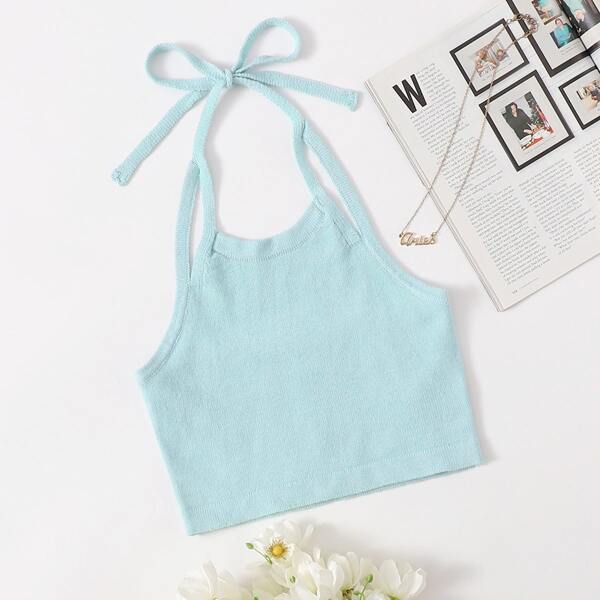 

Double Strap Halterneck Tie Back Knit Top, Baby blue