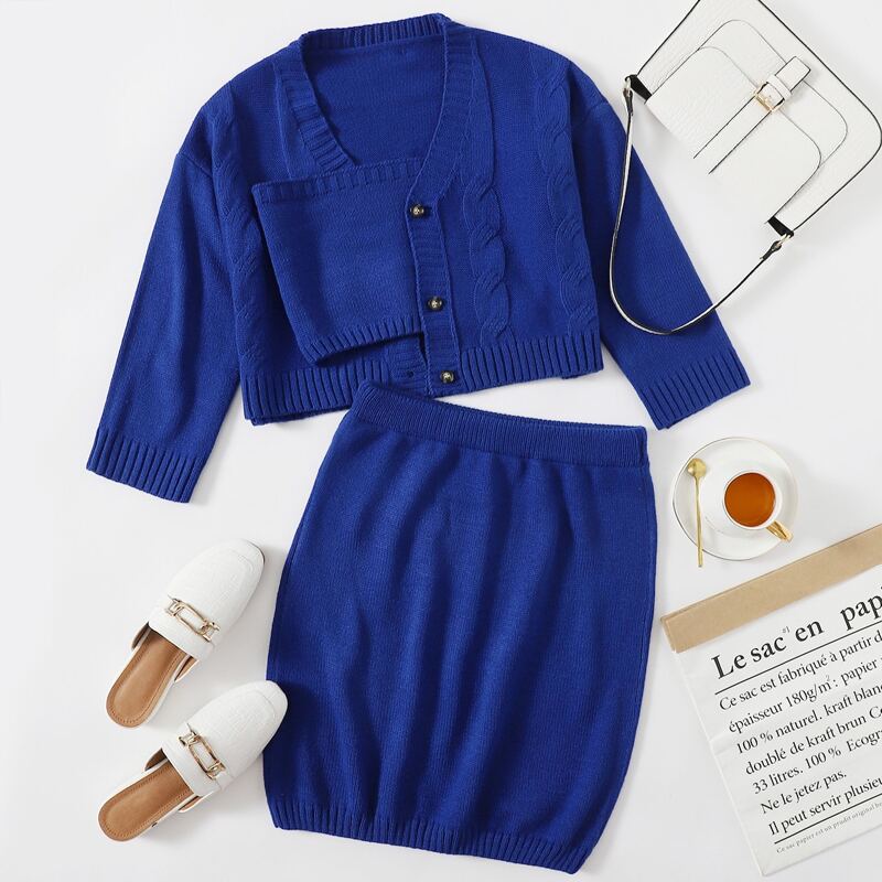 

Button Front Cable Knit Cardigan With Tube Top & Skirt Set, Royal blue