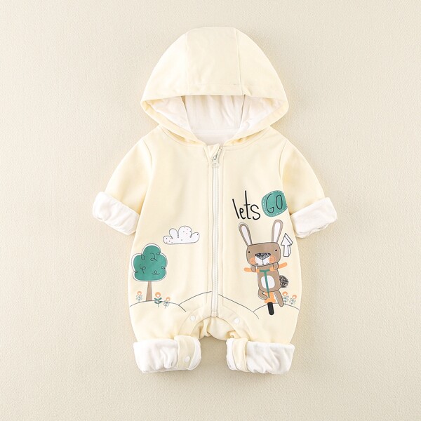 

Baby Boy Cartoon Graphic Hooded Jumpsuit, Beige