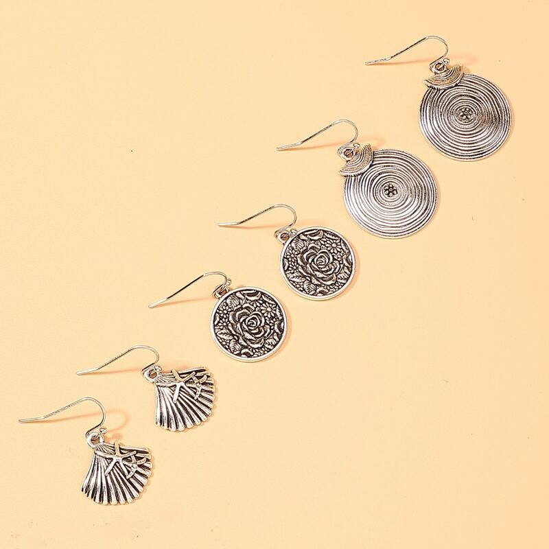 

3pairs Shell & Coin Drop Earrings, Silver