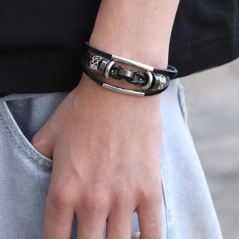 

Guys PU Leather Layered Bracelet, Black