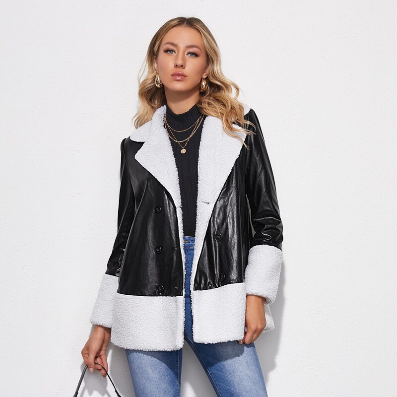 

Contrast Faux Shearling Double-breasted PU Leather Coat, Black and white