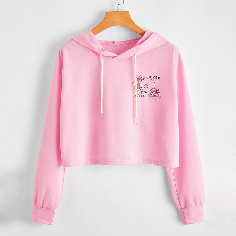 

Skull Graphic Crop Hoodie, Baby pink