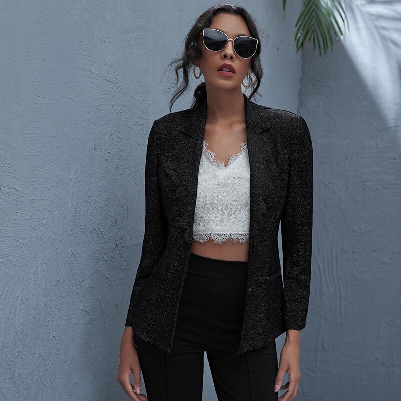 

Scallop Trim Notched Collar Glitter Blazer, Black