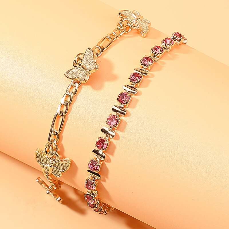

2pcs Rhinestone Butterfly Anklet, Gold