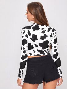 SHEIN Unity Cow Print Long Sleeve Crop Top - Black and White - View 2