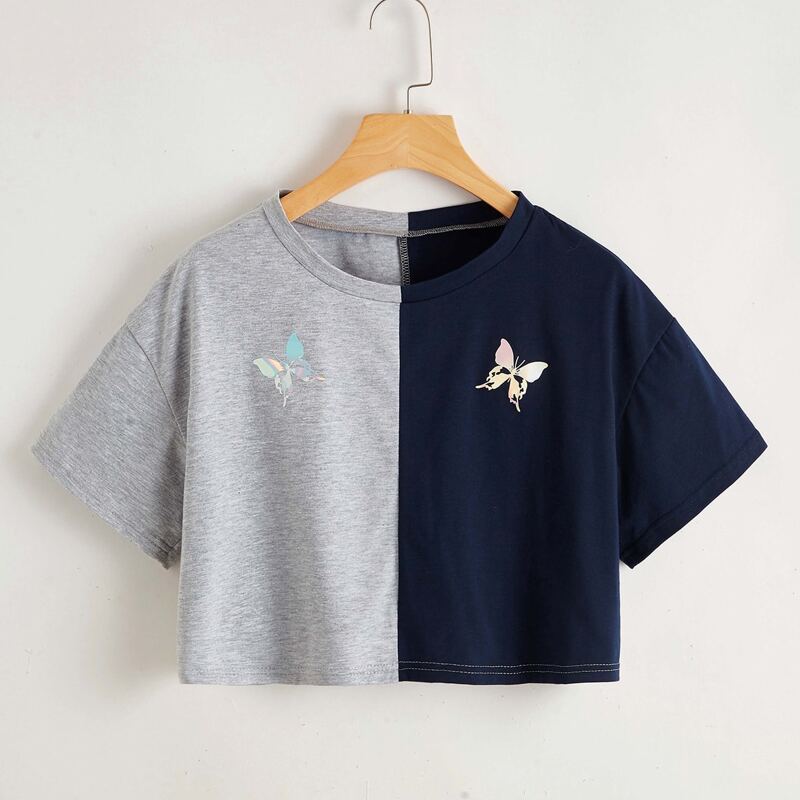 

Colorblock Butterfly Graphic Crop Tee, Multicolor