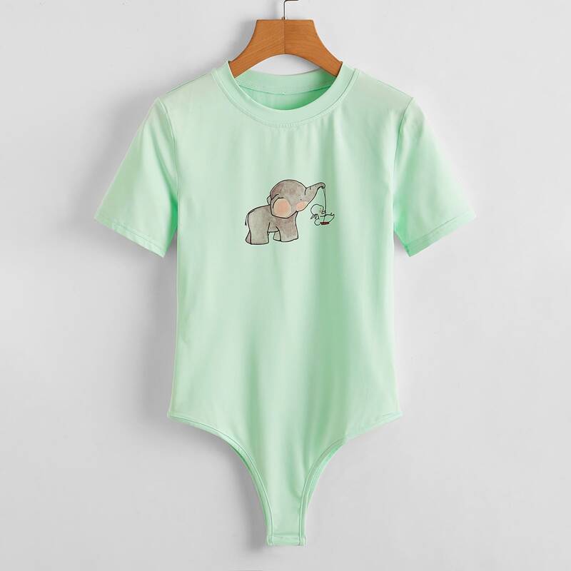 

Cartoon Elephant Graphic Tee Bodysuit, Mint green