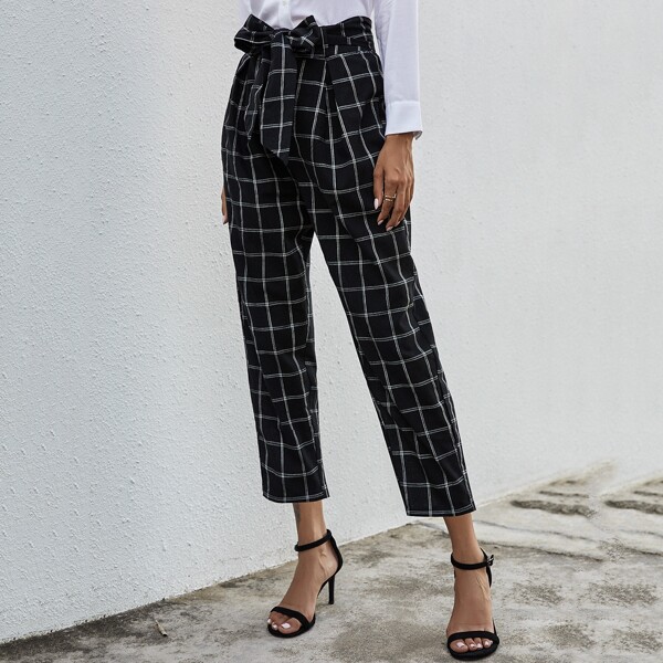 

Plaid Print Belted Tapered Pants, Black