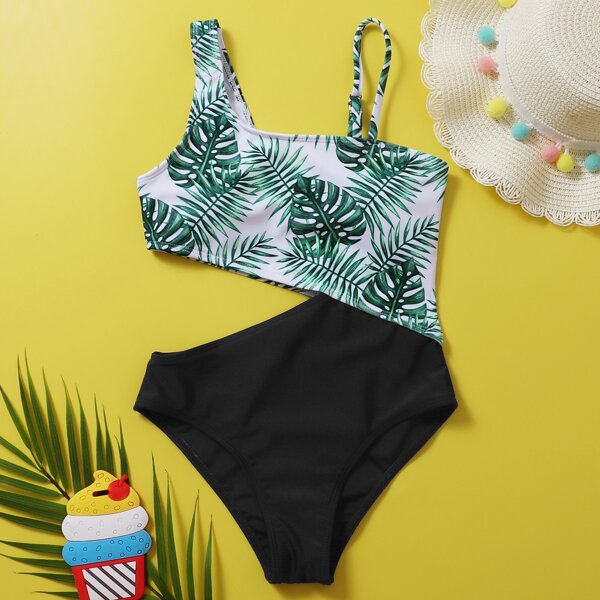 

Girls Tropical Cut-out One Piece Swimsuit, Multicolor