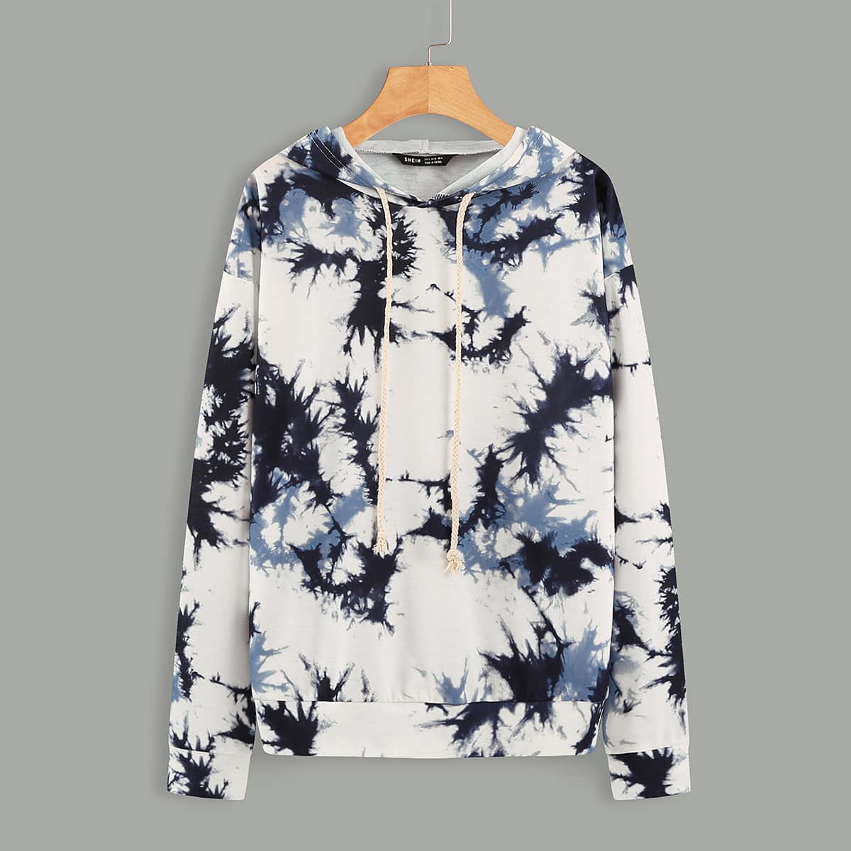 Tie Dye Drop Shoulder Drawstring Hoodie, Blue and white