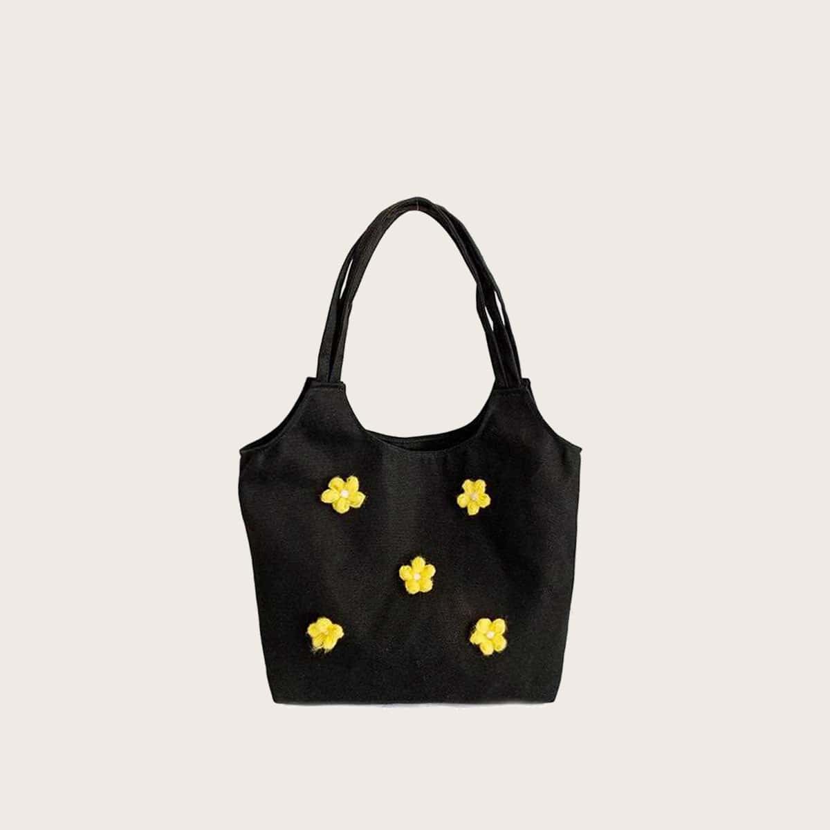 

Floral Canvas Tote Bag, Black