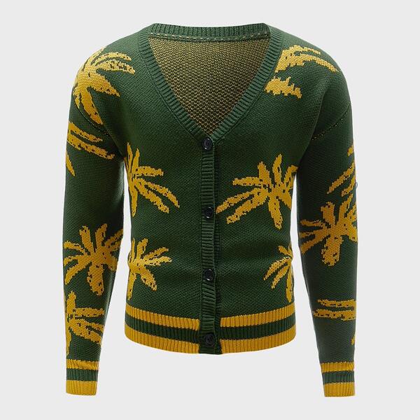 

Men Tropical Striped Button Front Cardigan, Dark green