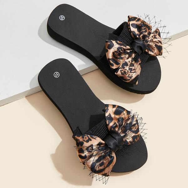 

Bow Decor Leopard Slides, Brown