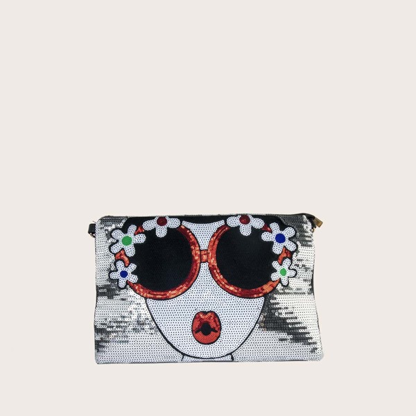 

Sequins Figure Decor Clutch Bag, Black