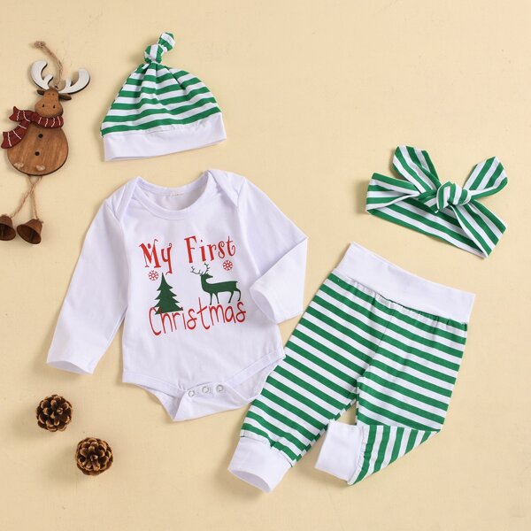 

Baby Girl Letter Graphic Bodysuit With Striped Pants, Multicolor