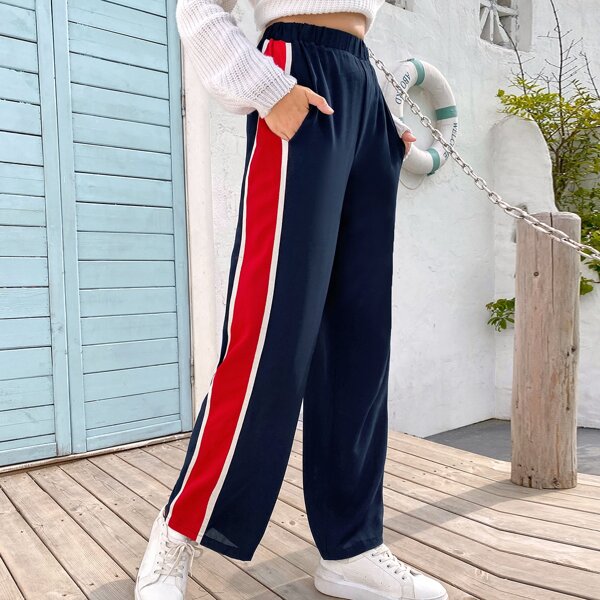 

Color-block Slant Pocket Pants, Navy blue