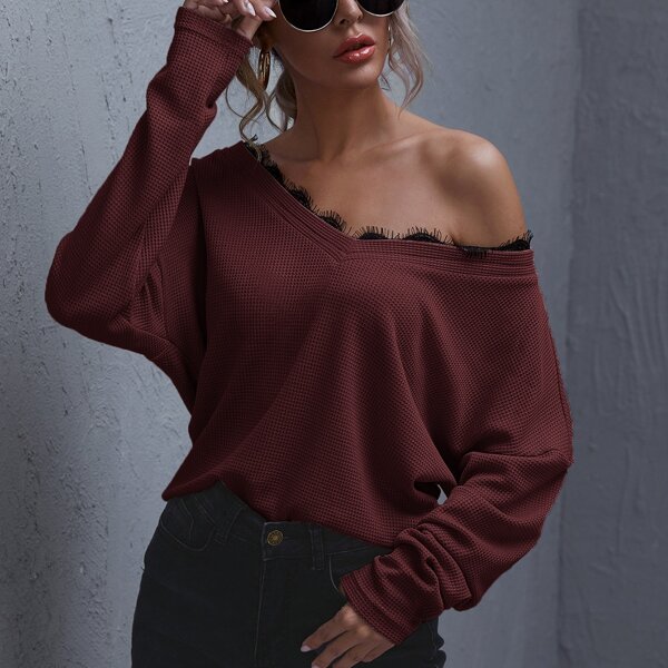 

Eyelash Lace Trim Textured Knit Top, Maroon