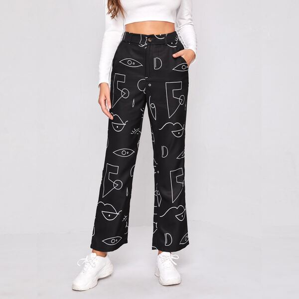 

Graphic Print Slant Pocket Pants, Black