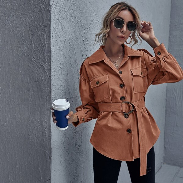 

Drop Shoulder Belted Buttoned Coat, Burnt orange