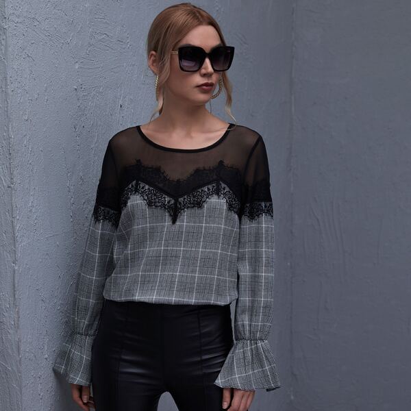 

Lace & Mesh Yoke Plaid Top, Grey