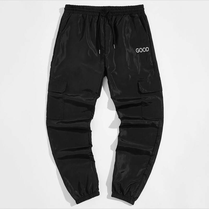 

Guys Letter Graphic Flap Pocket Windbreaker Joggers, Black