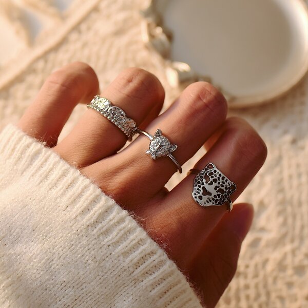 

3pcs Hollow Out Animal Decor Ring, Silver