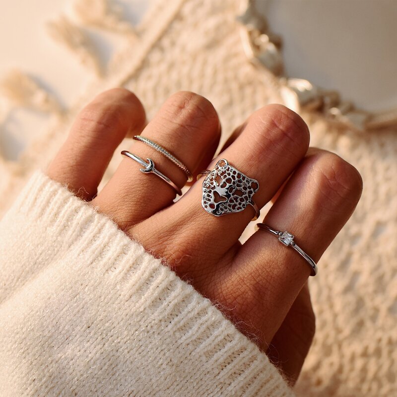 

4pcs Hollow Out Animal Decor Ring, Silver