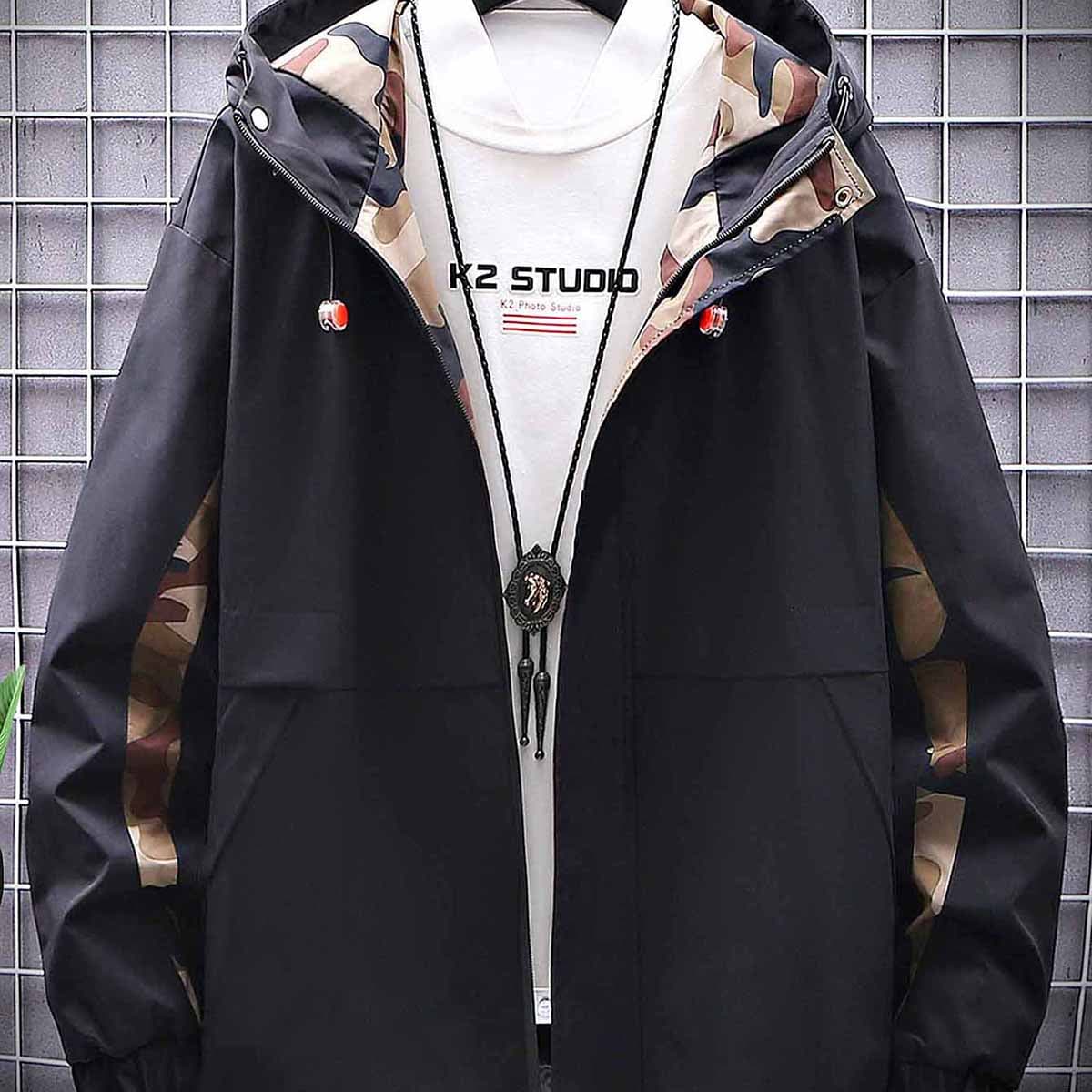 

Guys Contrast Camo Zip Up Hooded Jacket, Black