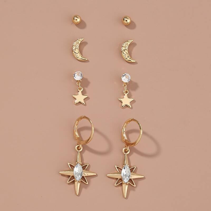 

4pairs Moon & Star Decor Earrings, Gold