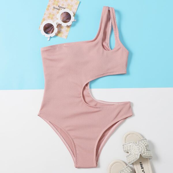 

Girls Rib Cut-out One Piece Swimsuit, Dusty pink