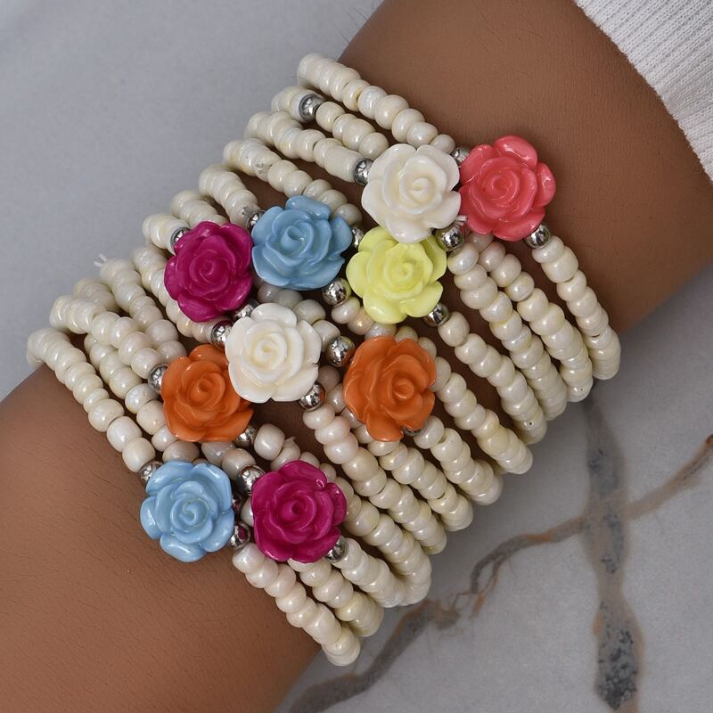 

12pcs Flower Decor Beaded Bracelet, Multicolor