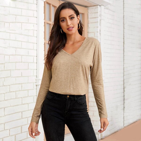 

Solid Batwing Sleeve V-Neck Tee, Khaki