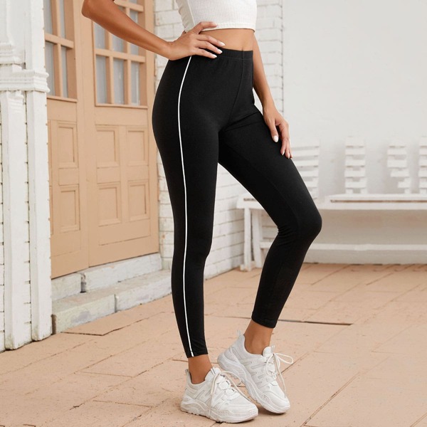 

Contrast Piping Elastic Waist Leggings, Black