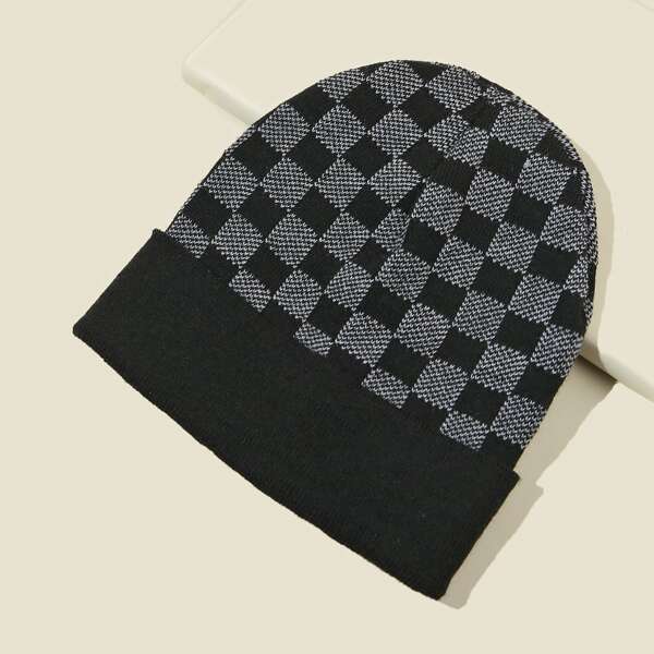 

Checker Pattern Cuffed Beanie, Black