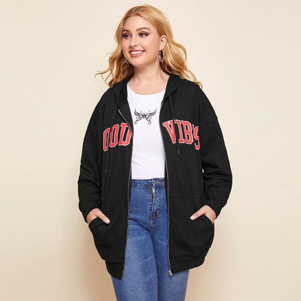 

Plus Zipper Front Letter Graphic Sweatshirt, Black