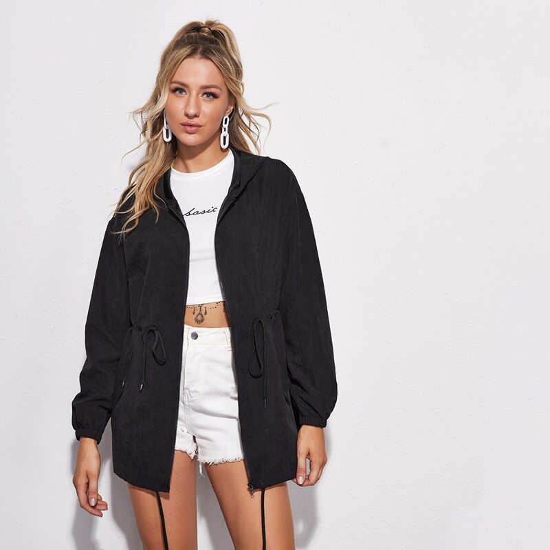 

Drawstring Waist Hooded Coat, Black