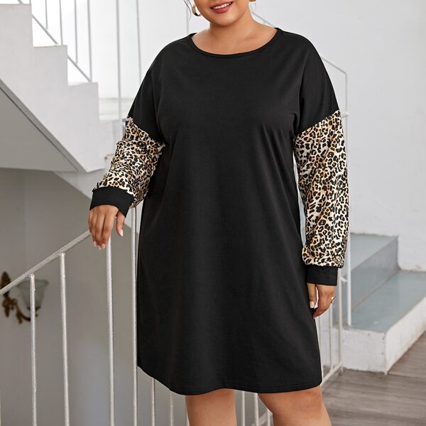 

Plus Contrast Leopard Tee Dress, Multicolor