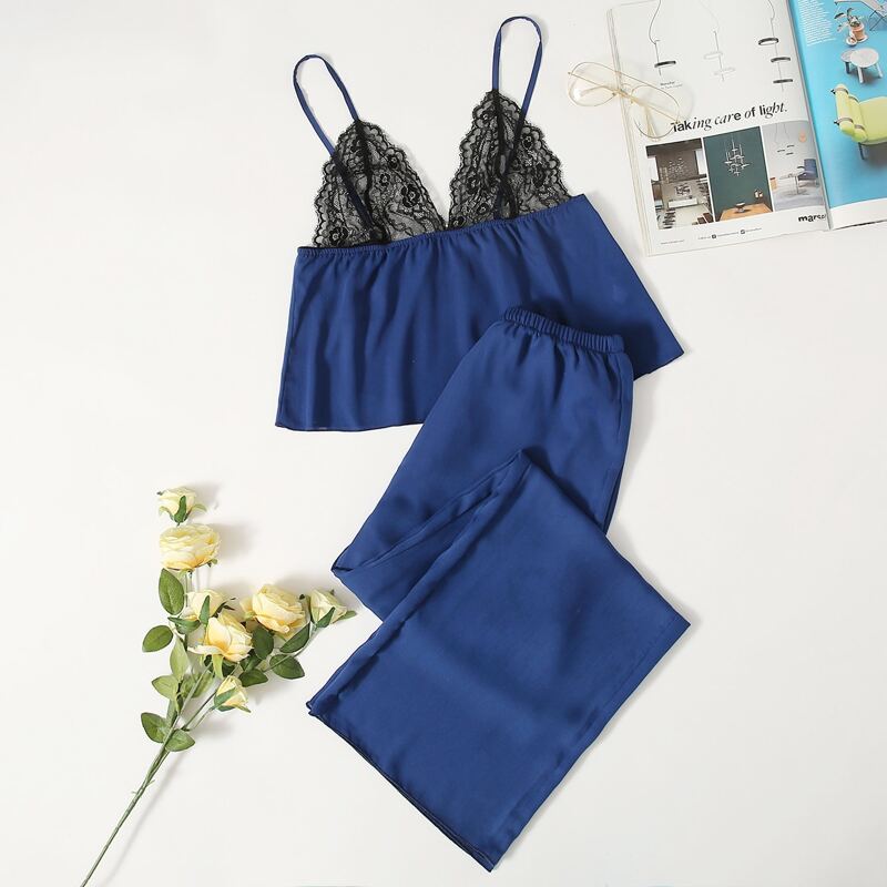 

Contrast Lace Cami PJ Set, Royal blue