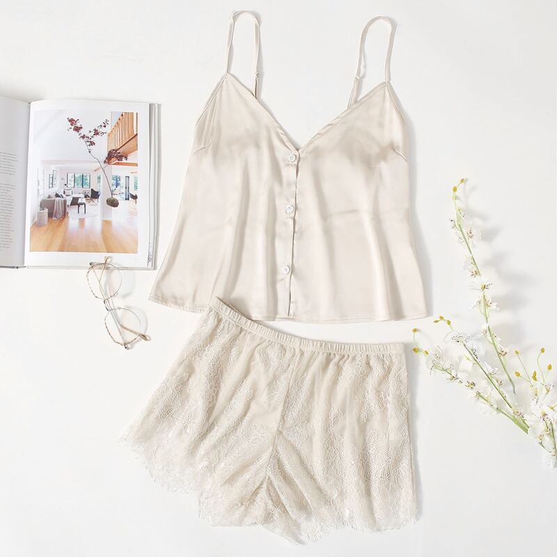 

Button Front Satin Cami Top & Lace Shorts Set, Beige