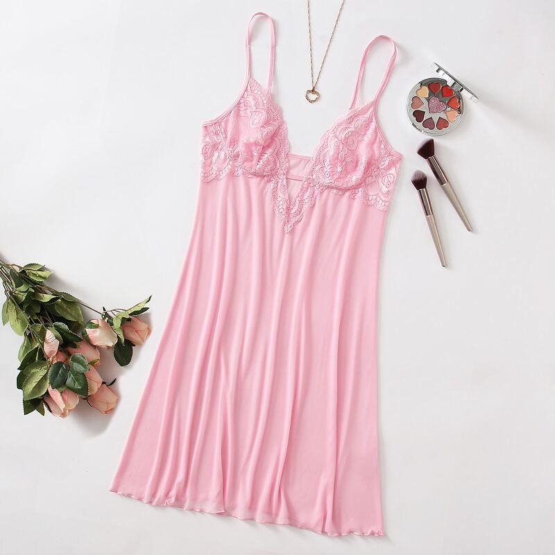 

Lace Trim Sheer Mesh Night Slip Dress, Pastel baby pink