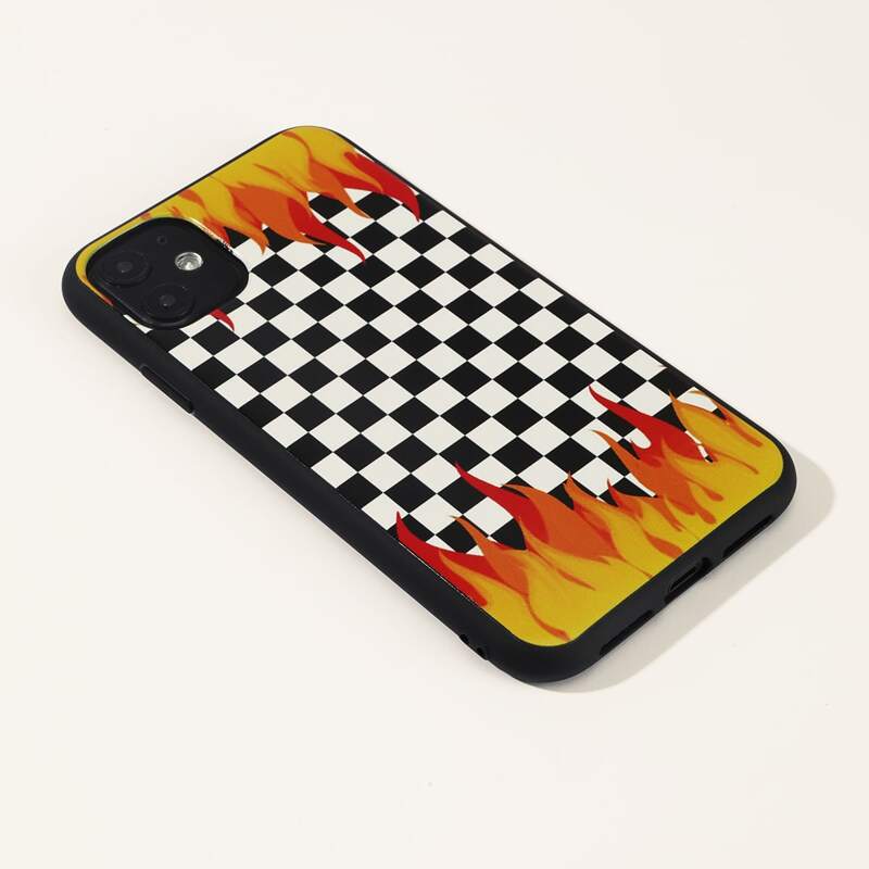 

Checkerboard & Flame Print iPhone Case, Multicolor