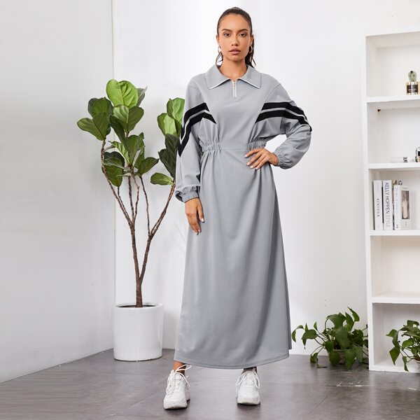 

Chevron Print Zipper Half Placket Elastic Waist Dress, Grey