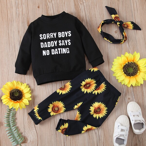 

Baby Girl Slogan And Sunflower Print Sweatshirt & Sweatpants & Headband, Black
